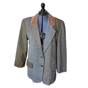 Vintage EASTWEST Tweed Blazer Small Mixed Tweed Panels Suede Collar Wool Blend